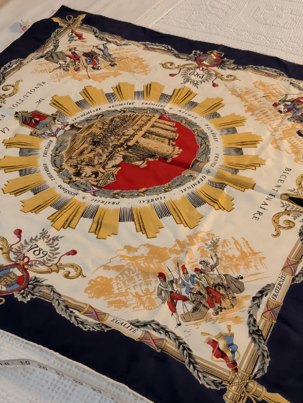 Foulards Baccarat Lyon- Vintage-Inspired Decorative Scarf in Navy, Cream & Gold